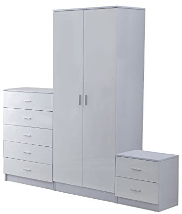 HOMCOM High Gloss 3 Piece Trio Bedroom Furniture Set Wardrobe + Chest Of Drawer + Bedside White