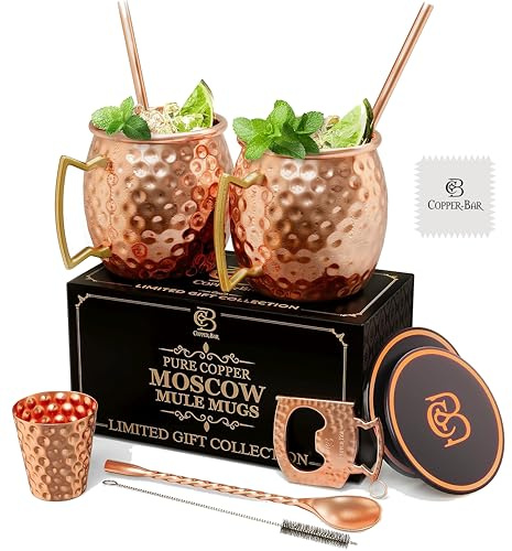 COPPER-BAR Moscow Mule Copper Mugs - Unique HANDCRAFTED Gift Set of 2, Hammered by Artisan, 100% Pure Solid Copper Cups 16oz for Drinking Water & Cocktails, Include 13 Pcs accessories & Special Opener