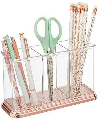mDesign Plastic Organizer Cup Holder, Divided Storage Organizer for Desks, Office, Tables, Workspaces - Stores Pen, Pencils, Markers, Scissors - 3 Sections - Clear/Rose Gold