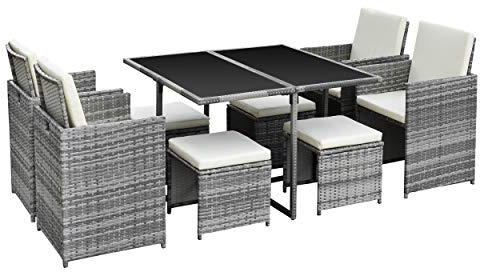 Ribelli Gartenmöbel Set 9-Teilig, Lounge Balkonmöbel aus Polyrattan, Wetterfest Sitzgruppe, Sitzgarnitur mit Sofa, Esstisch, Outdoor Kissen, Hocker, für Rasen, Terrasse, Garten, Grau/Cream