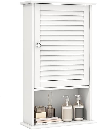 GIANTEX Armario Baño de Pared con una Puerta, 2 Estantes Ajustables y Compartimento Abierto, Armario de Madera de 3 Niveles, Mueble Multiuso para el Baño,Cocina,Entrada (Blanco)