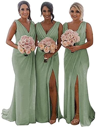 KURFACE Robes de demoiselle d'honneur de mariage à double col en V Robes longues pour femme en mousseline Robe de demoiselle d'honneur Robe de soirée formelle pour femmes, vert sauge, 38