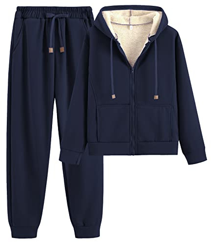 amropi Tuta da Donna Vello Foderato Cappotto con Cappuccio e Pantaloni Inverno Caldo Jogging Tute Marina,XL