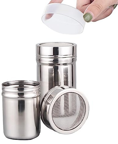 TTXSWJX Edelstahl-Pulverstreuer-Set, 2 Stück Kaffee- und Kakaostreuer mit Deckel, 16 Cappuccino-Muster-Formen, multifunktionaler puderzuckerstreuer zum Backen und Kochen zu Hause Restaurant