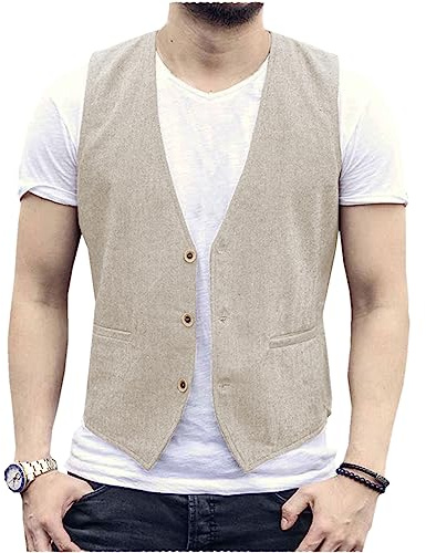 AeoTeokey Linneväst för män, ledig, normal passform, sommarväst, Beige färg, L
