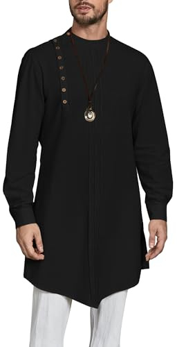 Gafeng Mens Kaftan Thobe Long Sleeve Robe Gown Casual Cotton Linen Button Muslim Shirt Black