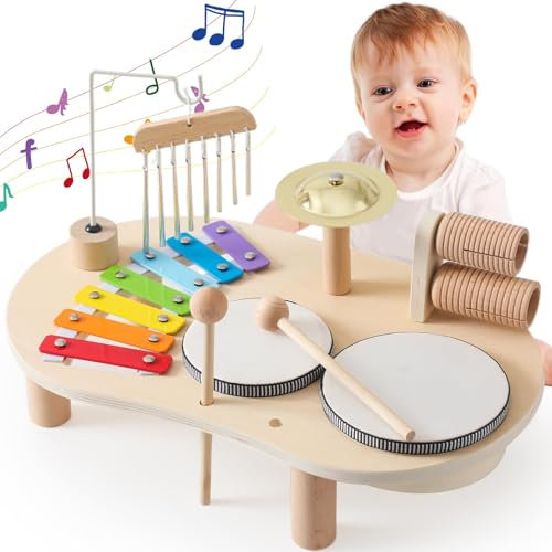Mamimami Home Musikinstrumente für Kinder ab 1 Jahr ,Trommel Set ,Montessori Lernspielzeug Schlagzeug Mit Xylophon Baby Holz,7 In 1,Musical Spielzeug