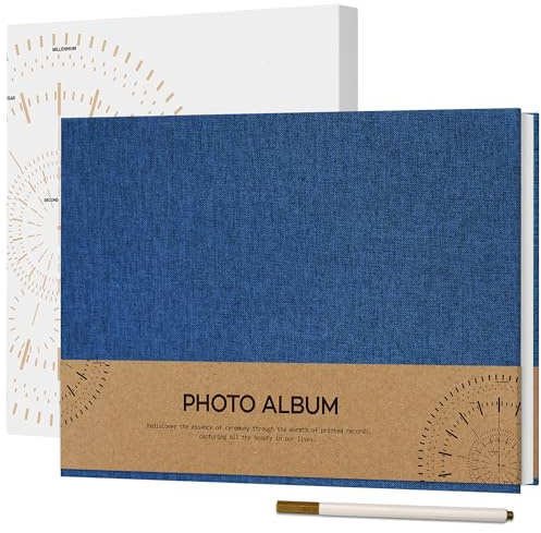 Vienrose Självhäftande fotoalbum för foton på 10 x 15 cm, liten klippbok i linne, 40 vita sidor, gör-det-själv-album med metallpenna, 21,5 x 30 cm, mörkblå | Gör-det-själv scrapbook-album, magnetiska klibbiga sidor, metallisk penna ingår, linneskydd, resa bröllop baby minnessak