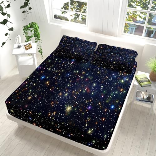 Bettlaken 180x200 Sternenhimmel Sterne Blau Spannbetttuch Kuschelig Microfaser, Winter Warm Topper Bezug Bettlaken, Spannbettlaken für Hohe Matratzen und Boxspringbett