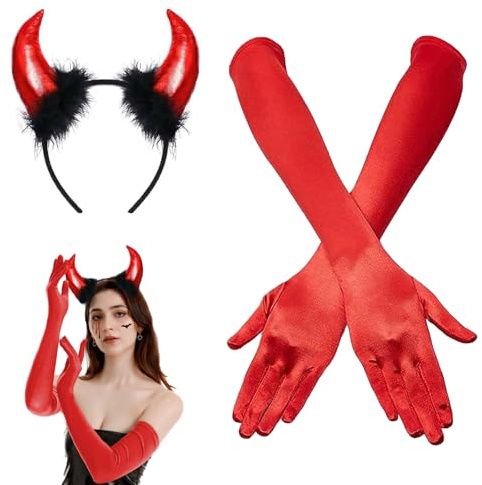 YUNHENTONG Accessori Costume Diavolo Donna Halloween, Corna Diavolo Rosso Guanti Lunghi in Raso Rosso, Accessori Costume Diavolo, per Ragazze Donne Accessori Cosplay di Halloween