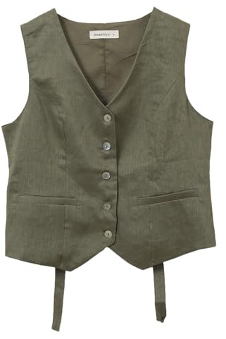 Amazhiyu Chaleco de traje para mujer, chaleco de lino para mujer, sin mangas, cuello en V, chaleco corto, tira de botones, ajuste estrecho, cordones en la espalda, verde, L