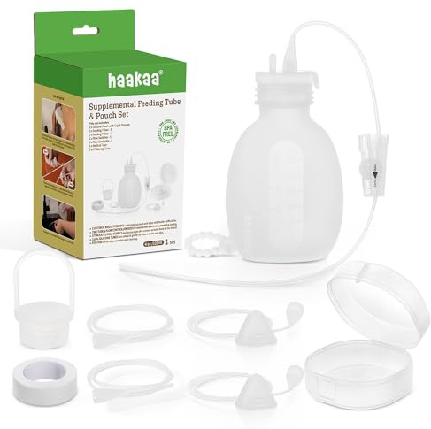 haakaa Juego de tubo de alimentación adicional y bolsa, sistema de lactancia adicional para niños, SNS Breastfeeding System, silicona para alimentos