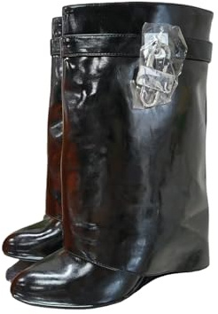 Stivali alla Caviglia Chelsea in Pelle Verniciata da Donna - Stivali Casual Invernali con Tacco a Cuneo di 8CM per Ufficio, Festival, Uso Quotidiano,Nero,40 EU
