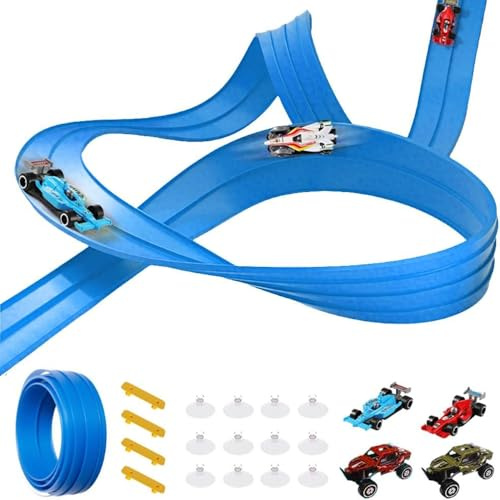 Pista de carreras flexible de 5 m para niños, pista de doble velocidad con 4 autos de aleación, rampa portátil enrollable con saltos y bucles, pista de carreras perfecta de Hot Wheels, regalo para