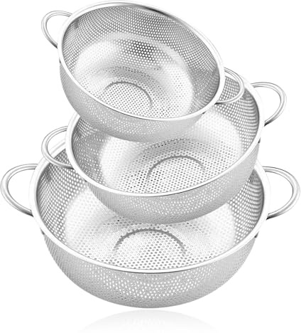 Sieb 3er-Set Edelstahl, Küchensieb Nudelsieb mit Griff Mikroperforiertes Abtropfsieb Seiher für Obst Gemüse Reis(19.5/25.5/31.5cm)