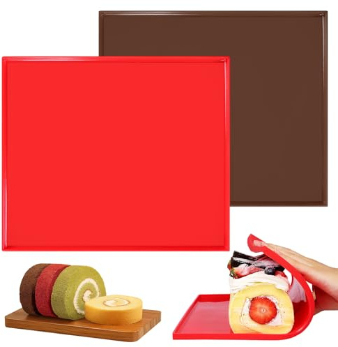 2 Piezas Bandeja Antiadherente Reutilizable, Hornear Silicona Suave, Estera de Rollo de Pastel, Alfombrilla, Tapete Horno para Secadora de Frutas, Enrolladas Suizas 31 cm × 26cm (Rojo, Marrón)