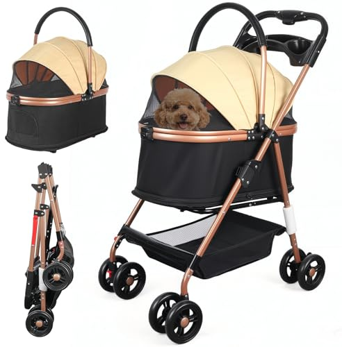 Luvore Foldable Pet Stroller, 3 in 1 Dog Cat Pushchair with Storage Basket Net, Cup Holder, Safety Belt - 360° Wear-Resistant Wheels Travel Carrier for Small Pets