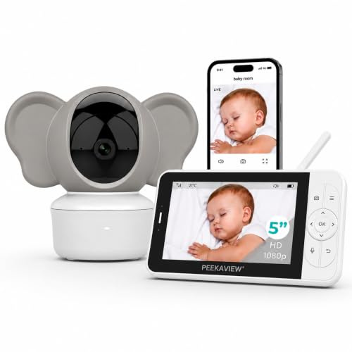 Peekaview Baby Monitor with Dual Connection, No WiFi Required and App Viewing, 5” HD Screen, 1080P Pan Tilt Zoom Camera, Night Vision, Two-Way Audio, Temperature Alerts, Elephant Design