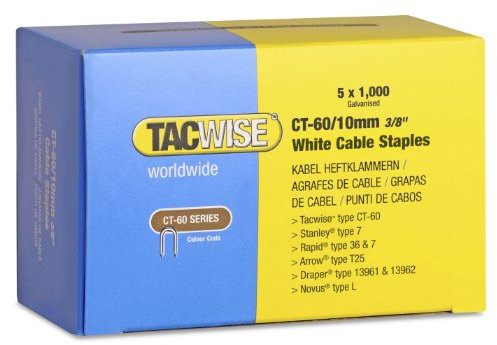TACWISE 1094 Blanca y de Puntas Divergentes CT-60/10mm, Caja de 5 x 1,000 Grapas para Cables de Color CT60/10mm, 10 mm