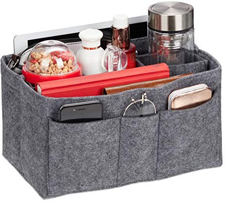 Relaxdays Taschenorganizer Handtasche, Filz, entnehmbare Fächer, Handtaschenorganisator Damen, Größe L, dunkelgrau