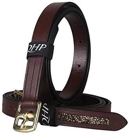 QHP Steigbügelriemen Lupine aus Leder mit Strass-Steinen am Ende (150 cm, braun/beige)