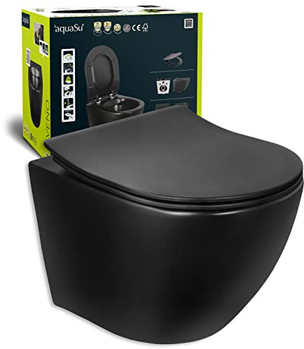 'aquaSu® Spülrandloses Wand WC in matt schwarz, Tiefspüler, Inklusive WC-Sitz mit Absenkautomatik, Toilettendeckel aus Duroplast, Toilette Abgang waagerecht, Hänge WC zur Wandmontage, 04885 9