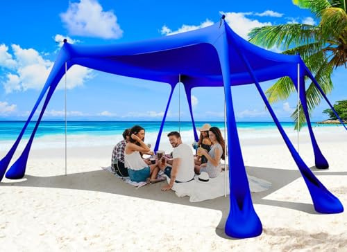 Wabolay Beach Tent Sun Shelter 10x10ft Beach Canopy Easy Pop Up Sun Shade Portable UPF50+ with 8 Sandbags-2 Sand Shovel-4 Aluminum Poles-Ground Pegs for Outdoor Family Camping Fishing Backyard Picnic