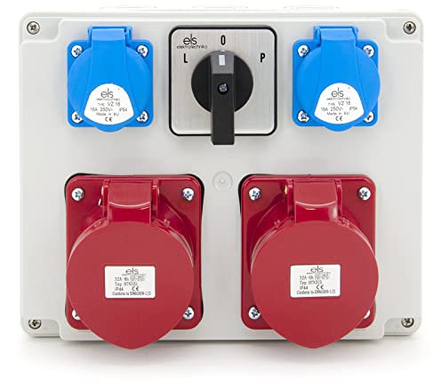 ELS Elektrotechnika Distributore di corrente da parete, 2 prese Schuko da 230 V + 2 prese CEE 32 A + interruttore a camme L-0-P, cablato, pronto per il collegamento, per cantieri, officina, garage,