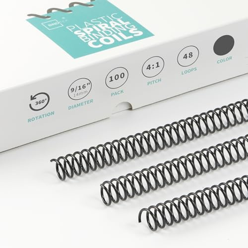 Binditek 100 Pack Plastic Spiral Binding Coils, 14mm(9/16), 115 Sheet Capacity, 4:1 Pitch, Black, 48 Loops, for Students and Coworkers