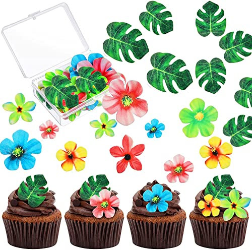 Sunwuun 83 Stück Esspapier Tortendeko,35 Stück Essbare Blumen für Cupcake Topper+48 Stück Essbare Blätter, Dschungel Geburtstag Dekoration für Hawaii