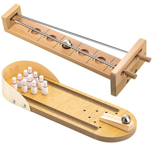 Deekin 2 Set Desktop Shoot the Moon Game Table Top Mini Bowling Game Set Classic Steel Ball Wooden Tabletop Games Wooden Board Mini Arcade Table Games Bowling Set Gag Gifts for Adult Teen Office Desk