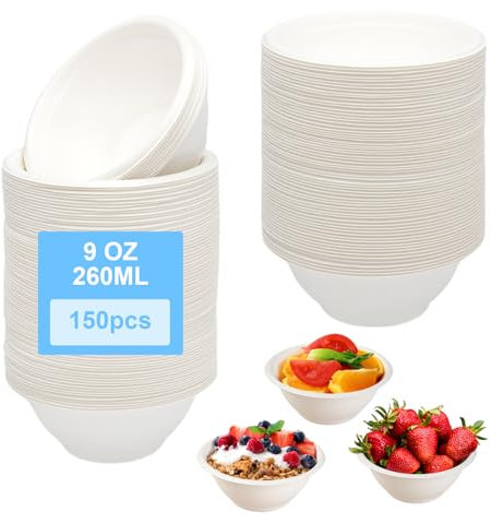 HENGBIRD 150 Cuencos Desechables Papel de caña de azúcar de 260 ml vajilla desechable caña de azúcar Bowl para Fiestas y desayunos cuencos desechables cuencos desechables