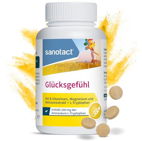 sanotact Glücksgefühl (90 Tabletten) • Natürlicher Stimmungsaufheller hochdosiert • Vitamin Tabletten mit Zitronenmelisse, Vitamin B Komplex, L-Tryptophan & Magnesium • B-Vitamine