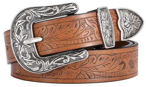 VONMELLI Western Belt for Women, Womens Cowgirl Leather Belt for Pants Jeans With Vintage Floral Carved Design Plus Size S-XXXL Brown Fit Waist Size 41-45