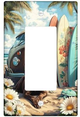 Placas de cubierta de interruptor de luz para perro de playa, cachorro marrón costero con tablas de surf, decoración de pared de verano, placas de pared termoplásticas, balancín individual de tamaño