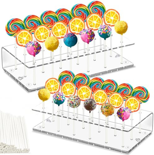 Xiuxhae 2PCS XL Soporte para Piruletas de Ácrylico, con 100 Palito de Papel para Cakepops, Expositor Chuches SIN Necesidad DE Plato y con Palitos Que NO SE Deslizan, para Mesa de Chuches y Mesa Dulce