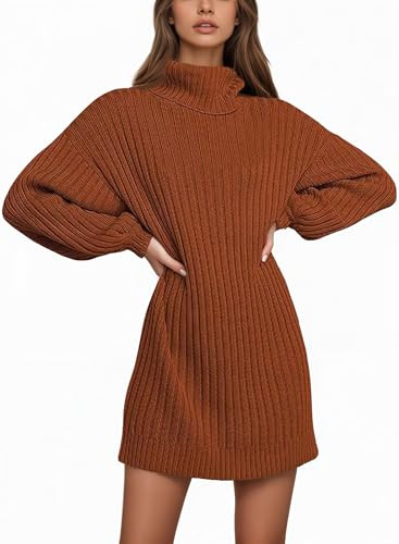 Saodimallsu Abito a maglia da donna a maniche lunghe, a collo alto, oversize, con maniche a lanterna, miniabito casual, tinta unita, pullover per autunno e inverno, caramello, S