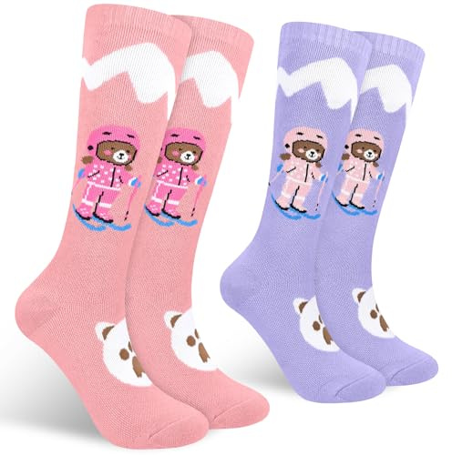 KOOOGEAR Kids Ski Socks,2 Pairs Girls Thermal Ski Socks High Performance Long Knee High Socks for Skiing Snowboarding Hiking Outdoor Activities