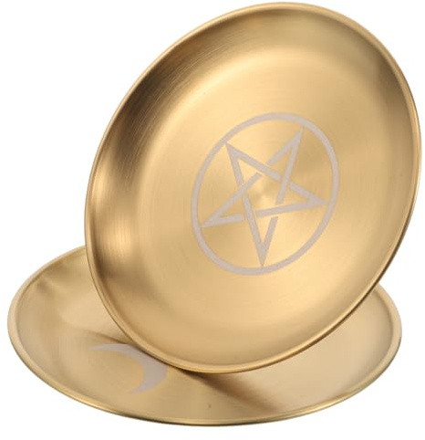 BESPORTBLE Plateau D’Autel Pentagramme en Acier Inoxydable Doré Lot de 2 Décor Rituel à Phases Lunaires Bol D’Autel Wiccan Multifonction Porte-Bougie et Organiseur pour Cartes de Tarot