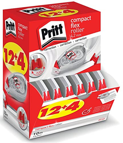 Pritt Korrekturroller Compact Flex, 12 + 4 Roller im Display, flexible Spitze, Push & Pull Funktion für beidseitige Anwendung, Breite 4,2mm, Länge 10m, 9H PCK4M