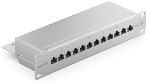 deleyCON CAT6a Panneau de Brassage 12 Port Bureau 10 Pouces Le Montage en Rack Assemblage du Serveur 12x RJ45 Blindé TIA568A TIA568B - Gris Clair