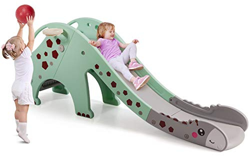 BABY JOY Toddler Slide, Kids Large Slide Play Climber Set with Long Slipping Slope, Basketball Hoop and Ball, Enclosed Steps, Easy Assemble Indoor Outdoor Backyard Freestanding Slides for Kids Age 1-8