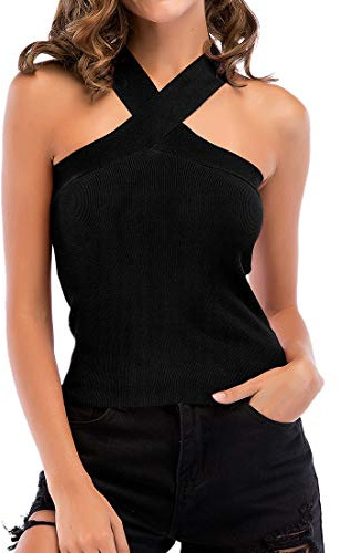 Mujeres Cruzadas en el Frente Recortado Halter Cuello sin Mangas Crop Top Vendaje Chaleco Tops Mujeres Verano Sexy Chaleco de Encaje Blusa Casual Adelgazante Cami Tank Strappy Sin Stretch Chaleco Top