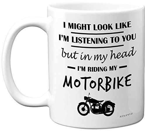Stuff4 Tazza con scritta in lingua inglese in my head I'm Riding My Motorcycle, regalo divertente per moto, motociclista da uomo, 325 ml, in ceramica, lavabile in lavastoviglie, tazza di alta