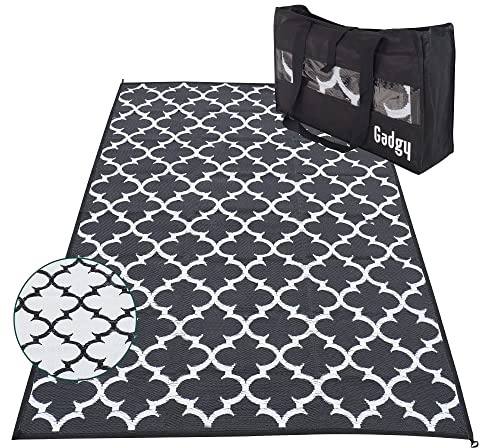 Gadgy Outdoor Teppich Wetterfest 230x160 cm | Wendbarer Garten Teppich Schwarz | UV-beständig & Wasserfest für Balkon, Terrasse, Garten & Picknick | Mit Tragetasche