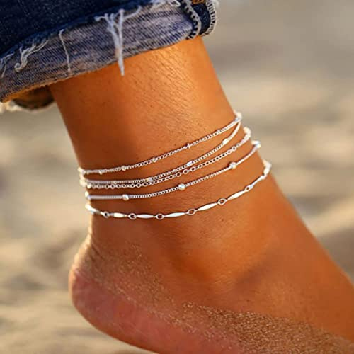Cubahop 4PZ Boho Beach Cavigliere Argento Bead Cavigliera Braccialetti Estate Piedi Accessori Gioielli per le Donne e Ragazze