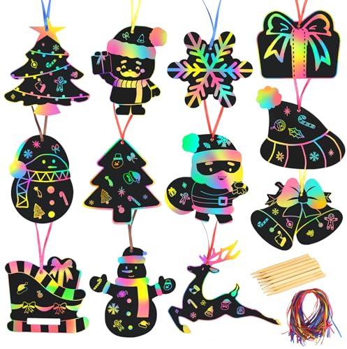 MONCAP 48STK Noël Papier à gratter Noël Images à gratter Arc-en-Ciel Scratch Art Noël Kit de Bricolage pour Enfants avec Crayons en Bois Rubans pour décoration de Noël Décoration d'hiver Fête Cadeaux