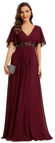 Ever-Pretty Robe de Témoin de Mariage Longue Appliqué Col V Manches Courtes Chic Bordeaux 50