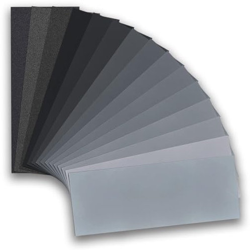 Jinpojun 15 Piezas Papel de Lija, Masilla de Carrocero Coche, Lija Madera Seco/al Agua Grano de 80 a 3000, 230 x 93 mm Lija al Agua para Pulir de Coche, Metal, Madera, Muro