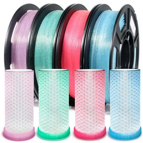 IEMAI Lot de 4 filaments PLA pailletés et brillants pour imprimante 3D, 250 g x 4 filaments PLA de 1,75 mm, vert menthe/rose vif/bleu clair/violet clair
